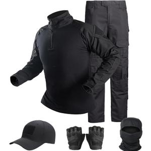 Tactical Suit,Combat Pants and Shirt,Cap Gloves Balaclava Set,Black Camo Uniform Men's Military Airsoft Gear