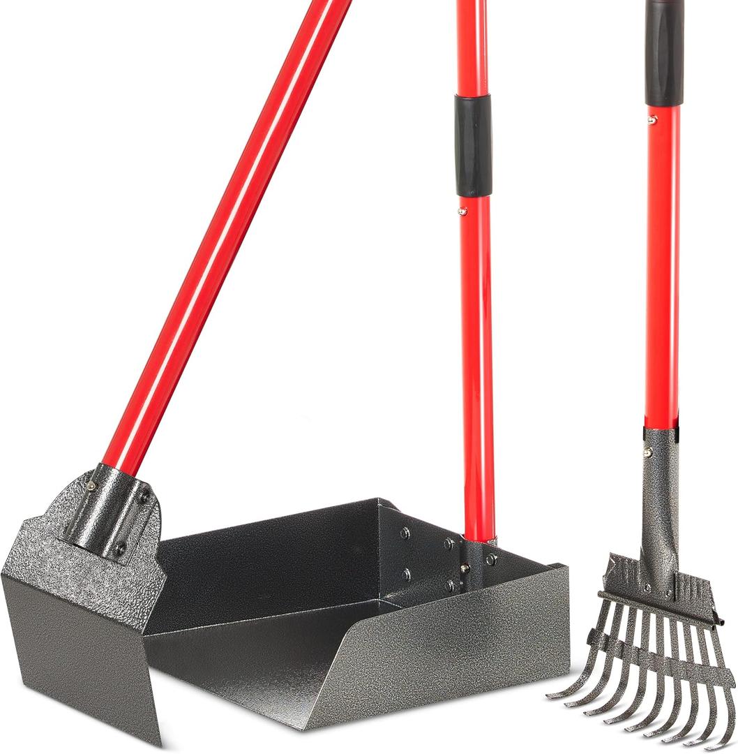 Pooper Scooper for Large Dogs, Small Dogs and Horses, Metal Poop Scooper Set with Long Handle Rake, Spade and Tray for Yard, Grass, Dirt or Gravel, Heavy Duty Aluminum Poop Picker Upper (3 Piece Set (LRG))