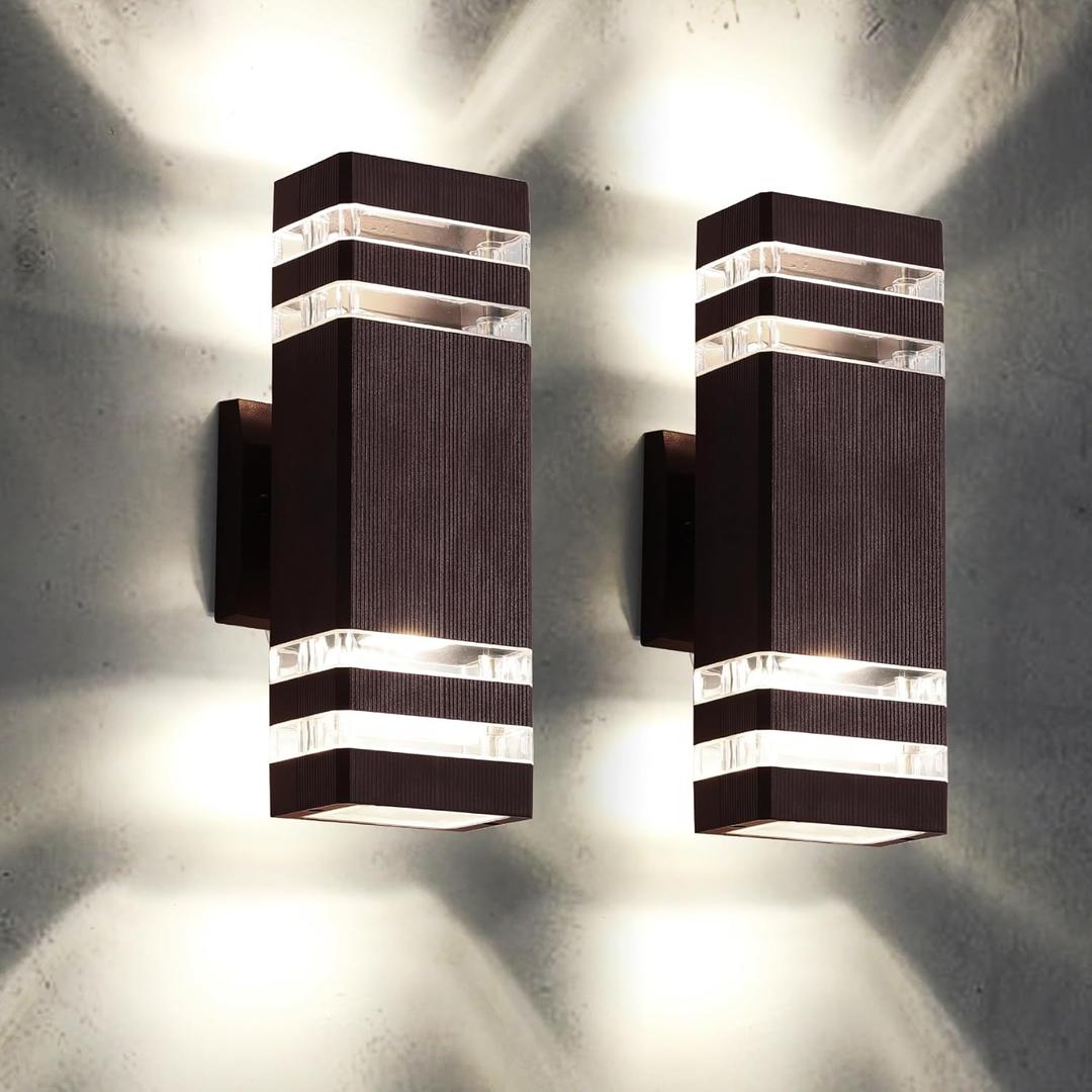 tewei Outdoor Wall Lights, Modern Exterior Light Fixture Wall Mount, Brown Outdoor Lights for House, Waterproof Aluminum Up and Down Outside Porch Lights for Garage, 2 Pack