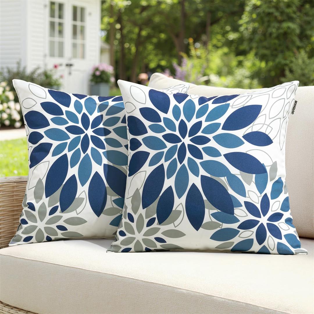 Floral Outdoor Pillow Covers Waterproof Spring Throw Pillow Cases Dark Blue Grey 18x18 Inch Set of 2 Decorative Summer Cushion Covers for Patio Furniture Garden Bench Porch Sofa