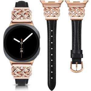 TOYOUTHS Celtic Knot Leather Band Compatible with Samsung Galaxy Watch 8 40mm 44mm/Watch 8 Classic 46mm Bands Women, No Gap One Click Slim Dressy Leather Strap with Designer Interlock Buckle (Black/Rose Gold)