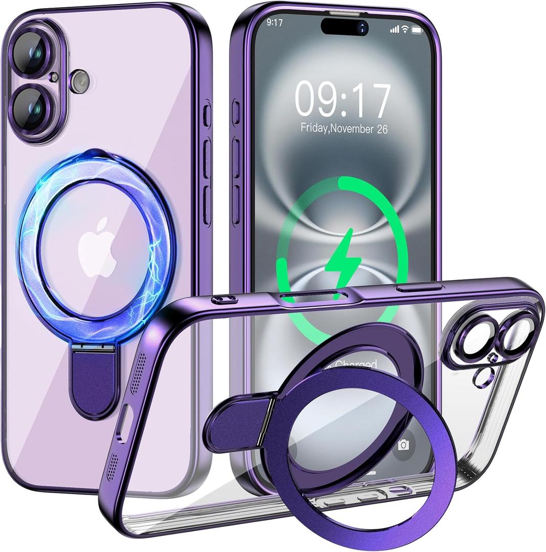 Magnetic for iPhone 16 Case with Invisible Stand[Compatible with MagSafe][Full Camera Lens Protector][Military Drop Protection] Shockproof Not Yellowing Clear Slim Soft for Women Men (Purple)
