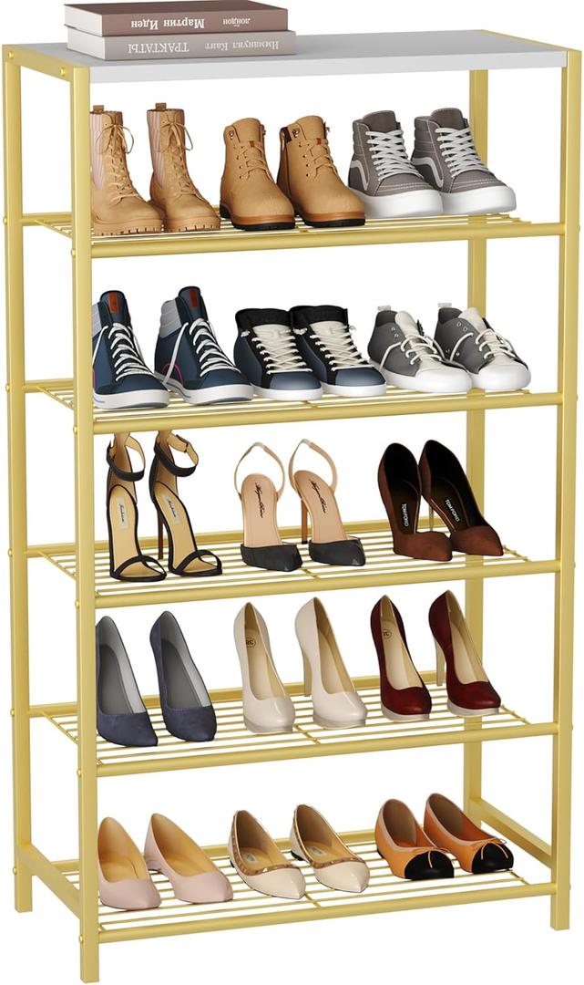 HOMEFORT Shoe Rack 6-Tier, Shoe Storage Shelf, Industrial Shoe Tower, Narrow Shoe Organizer for Closet Entryway, Small Shoe Rack Table with Durable Metal Shelves,Gold (6-Tier (11.8"D x 23.23"W x 40.55"H))