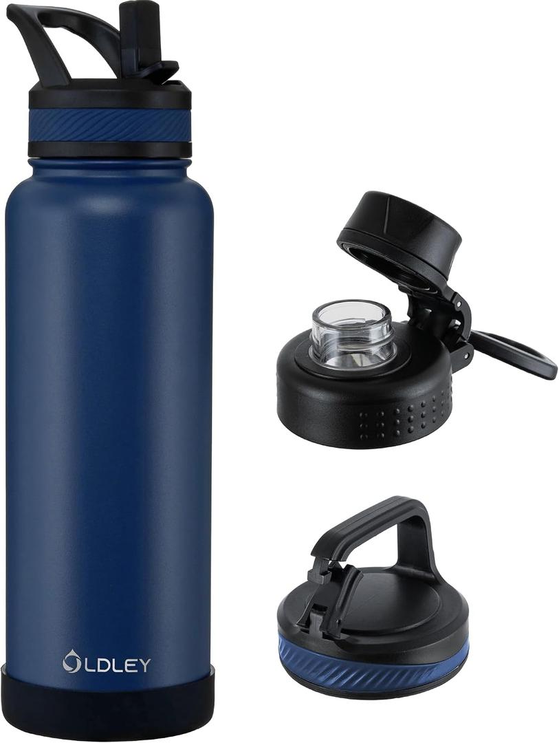 OLDLEY 40 oz Insulated Water Bottle With Straw, Stainless Steel Sports Water Cup Flask with 3 Lids(Straw, Spout and Handle Lid) Double Walled Travel Thermal Canteen Mug,Navy Blue