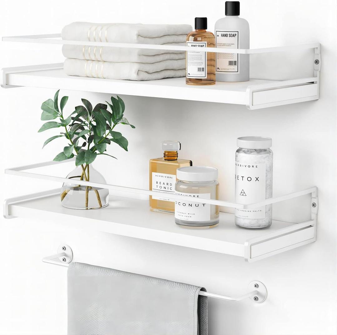 Forbena Bathroom Shelves for Wall Set of 2, White Nursery Floating Book Shelves for Kids Room, Small Wall Mount Bookshelf and Toy Storage Organizer for Baby Toddlers Teens Boys Girls Bedroom