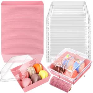 Jetec 150 Pack Charcuterie Boxes with Clear Lids and Rope 4 Inches Cake Disposable Square Dessert Food Box Containers with Lids for Bakery Macaron Cookies Strawberries Fruits Display (Pink)