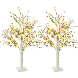 Ethlomoer Easter Decorations, 2 Pcs 25 Inch Pre-Lit Easter Egg Tree with Timer, Battery Powered Easter Birch Tree with 24 LED Lights, Easter Trees for Home Party Wedding Holiday Spring Decoration