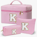 Personalized Monogram Makeup Bag, 3PCS Custom Monogrammed Toiletry Cosmetic Bag for 6-18 Teen Girls Women,Birthday Graduation Gifts Initial Pouch Makeup Bags for Women Girls, Make Up Bag (K, Pink)