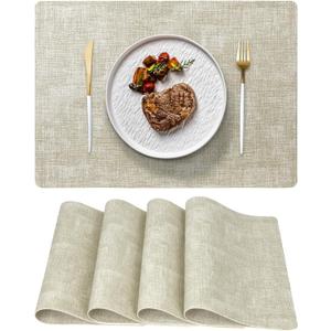 FGSAEOR Placemats Set of 4 Vinyl Place Mats - 12 x 17 Inch Reversible Heat Resistant, 100% Waterproof & Oilproof Wipeable Faux Leather Table Mats for Kitchen, Dining, Party, and Outdoor Use - Beige (Linen Finish-beige)