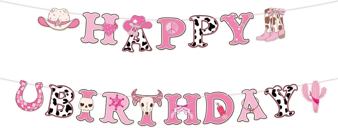 Western Cowgirl Birthday Banner, Pre-Strung Wild West Coquette Party Decorations Retro Western Theme Happy Birthday Banner for Girl Bday Parties First Rodeo Party Supplies