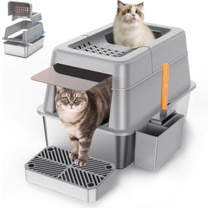 Aphyxen Stainless Steel Litter Box with Lid, XL Extra Large Enclosed Cat Litter Box Fits All Cats Modular Design with Flip Cover, Top Entry Metal High Sided Cat Box & Pedal & Scoop (Grey)