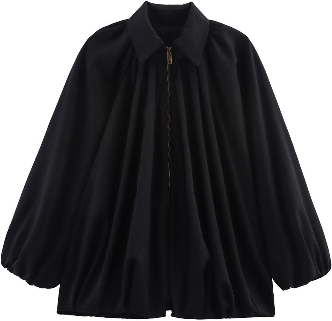 WOWULOVELY Women's Puffed Bomber Jacket Oversized Lapel Collar Streetwear Coat Long Casual Batwing Sleeve Zip Pleated Shirts (Black)