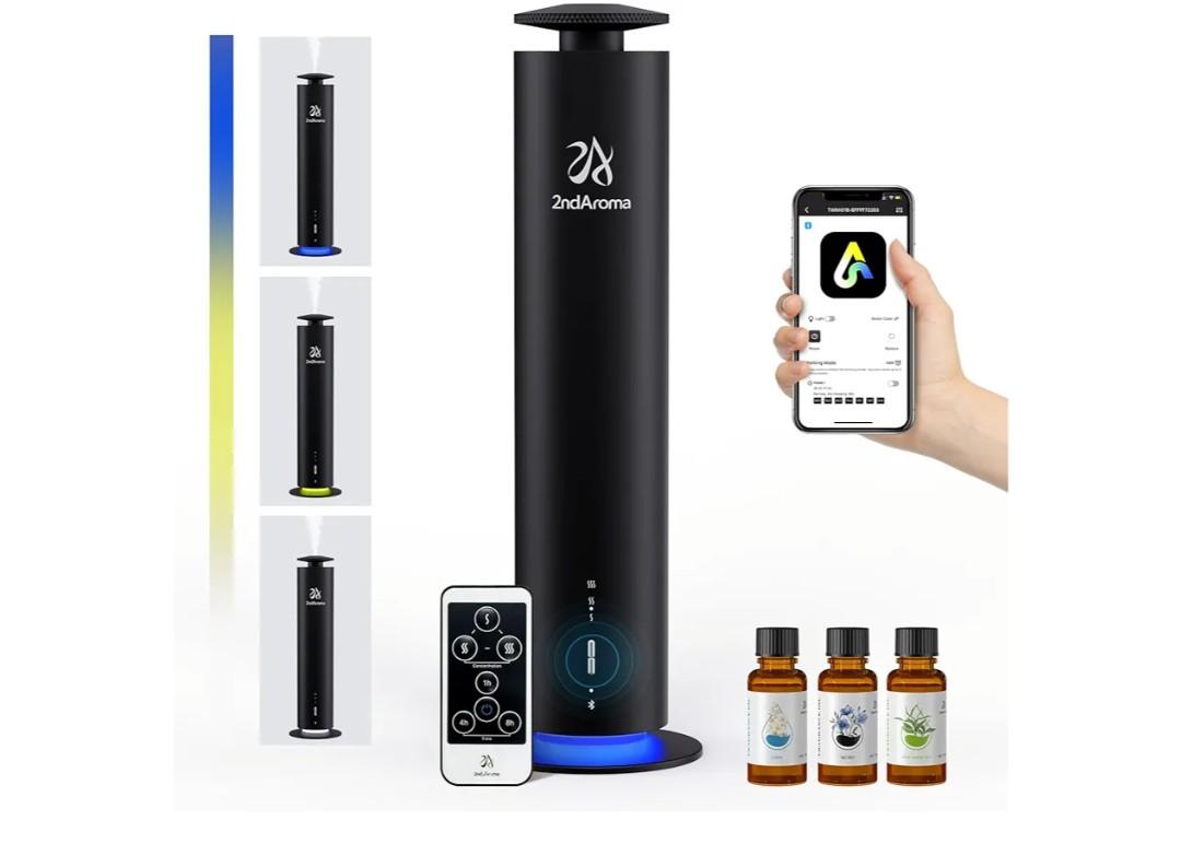Waterless Scent Diffuser Starter Kit, Diffusers for Home Office Hotel 1000 Sq Ft Coverage, Cordless Essential Oil Diffuser Large Room with 3 Mood Lights, 3 Scent Oils, App Control, Black