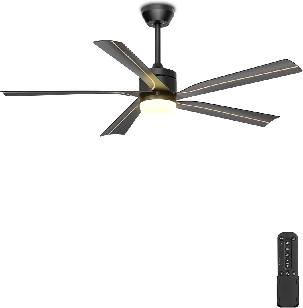Phylluz 56" Ceiling Fan with Light, Black Ceiling Fan Remote Control - 3CCT, Quiet DC Motor Ceiling Fans for Indoor Outdoor Patio, Living Room