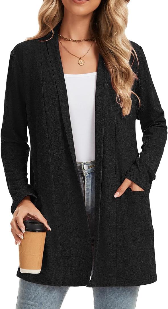 Women's Cardigan Long Sleeve Lightweight with Pockets Business Casual Early Fall Fashion Clothing Cute Tops (X-Large, Black)