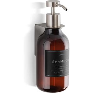 Shower Shampoo Dispenser Wall Mounted Refillable 16.9 oz Amber Bottle with Stainless Steel Pump & No-Drill Adhesive Holder Soap Dispenser for Bathroom (1 X Amber/Silver)