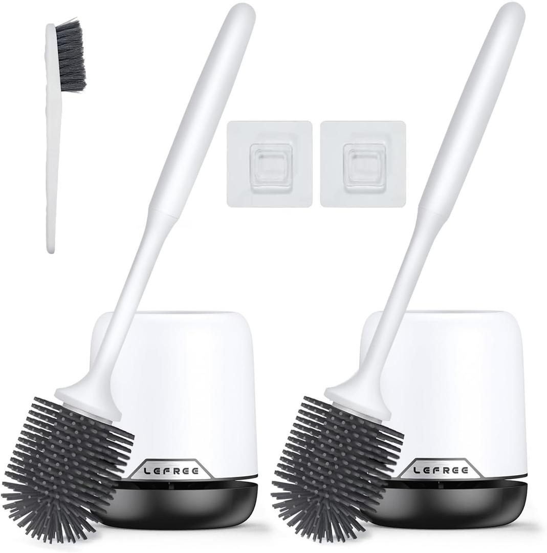 Lefree 2 Pack Silicone Toilet Brush, Rubber Toilet Bowl Brush and Holder Set with Ventilated Holder, Toilet Cleaner Brush for Bathroom, Floor Standing & Wall Mounted Toilet Scrubber Without Drilling (Black)