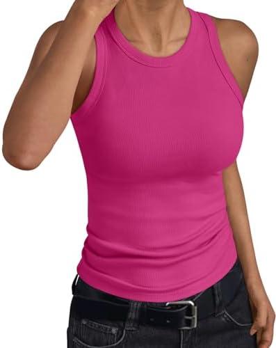 Trendy Queen Womens Tank Tops Summer Workout Racerback Ribbed Shirts Beach Vacation Outfits Spring Fashion Y2k Clothes, Size L