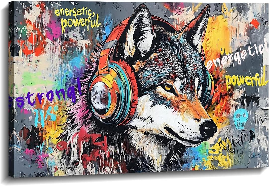 Wolf Canvas Wall Art - Wolf Wall Decor Graffiti Picture Funny Animal Listen to Music Painting Inspirational Prints Pop Artwork Office Living Room Home Decor Framed(Wolf-16,16.00"x24.00")