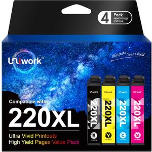Uniwork Remanufactured 220 220XL Ink Cartridge Replacement for Epson 220XL use for Workforce WF-2760 WF-2750 WF-2630 WF-2650 WF-2660 XP-320 XP-420 Printer (1 Black 1 Cyan 1 Magenta 1 Yellow), 4 Pack