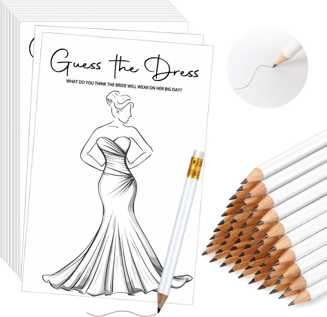60 Sets Guess the Dress Bridal Shower Games for Guests Include 60 Pcs Wedding Shower Games Cards and 60 Pcs Pencils Fun Wedding Party Supplies Games Ideas (White,Short Pencil)