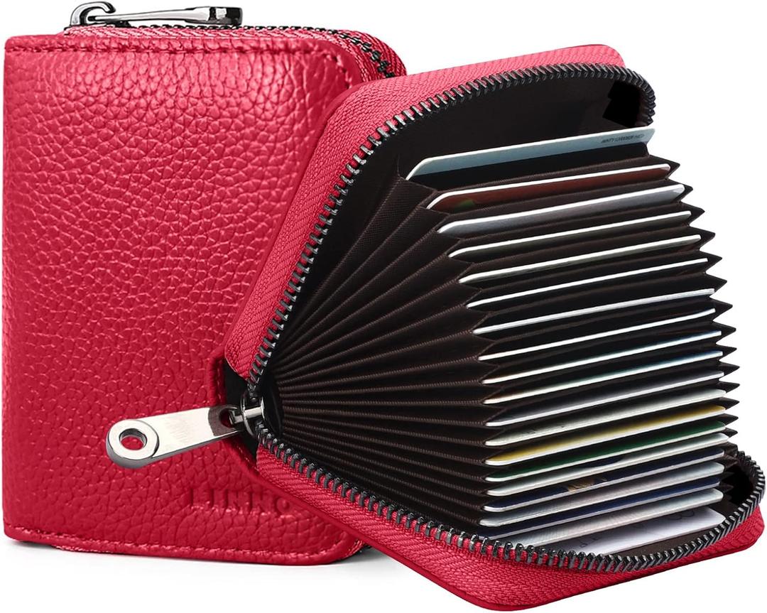 Linno RFID 20 Slots Credit Card Holder Genuine Leather Small Wallet for Women or Men with Zipper (Black)