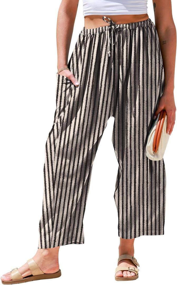 TARSE Womens Linen Wide Leg Pants Casual Loose Drawstring Summer 2026 Beach Travel Vacation Palazzo Harem Pants with Pockets (M)
