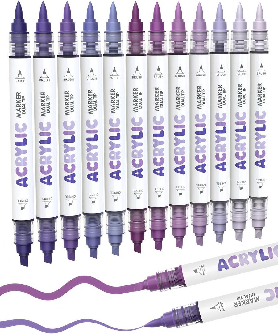 Guangna 12 Purple Dual Tip Acrylic Paint Markers, Brush Tip & Chisel Tip Acrylic Paint Pens for Pumpkin Paint, Rock, Wood, Glass, Paper, Coloring Book, Ceramic, Canvas, Water-Based Ink