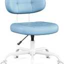 Misolant Vanity Chair with Back, Small Armless Cute Office Chair with Wheels and Lumbar Support, Comfy PU Leather Desk Computer Chairs with Adjustable Height, 360Swivel for Home Bedroom Office, Blue