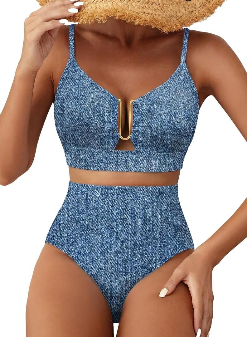 Herseas Womens 2 Piece High Waisted U Wire Bikini Set Floral Print Swimsuit Crisscross Back Bathing Suit Beach Swimwear (Blue, S)