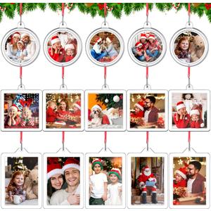 15 Pcs Christmas Photo Frame Ornaments Mini Acrylic Christmas Hanging Ornaments with Red Ribbon Picture Frame Round Square Rectangle Xmas Tree Decoration for Holiday Gift Party Decor