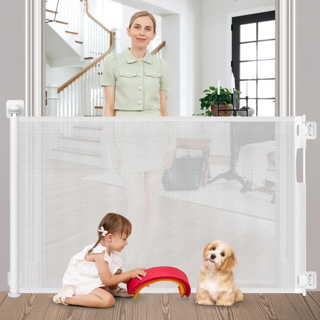 No Drill Retractable Baby Gate for Stairs 59" Wide, Punch Free Dog Gate Indoor 33" Tall, Retractable Pet Gates for Doorways No Drilling Mesh Baby Gate Puppy Gates for The House, White
