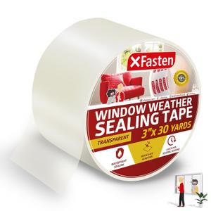 XFasten Window Sealing Tape for Winter 3 x 30 Yards RV Window Stripping for Winter | Heavy-Duty Transparent Weather Sealing Tape for Plastic Window Coverings for Winter, Residue-Free Weather Tape (Clear)