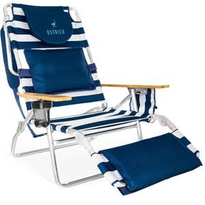 Ostrich the Deluxe 3N1 Lightweight Lawn Beach Reclining Lounge Chair with Footrest, Outdoor Furniture for Patio, Balcony, Backyard, or Porch, Blue Stripe, Large