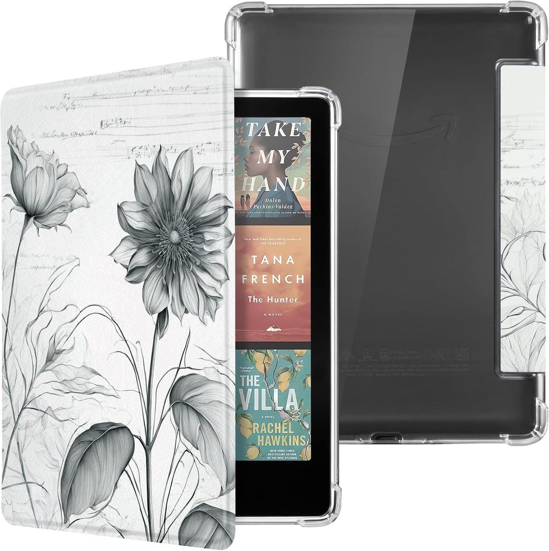 CoBak Case for Kindle Paperwhite 12th Gen 2024 (7") & Kindle Colorsoft Signature Edition (7") - New PU Leather Cover and Clear Soft Silicone Back Cover with Auto Sleep Wake Feature (Sketch Sunflower)