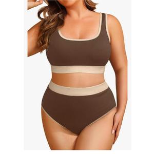 Tempt Me Women Plus Size High Waisted Bikini Set Two Piece Swimsuit Full Coverage Sporty 2 Piece Bathing Suits 20W, Brown
