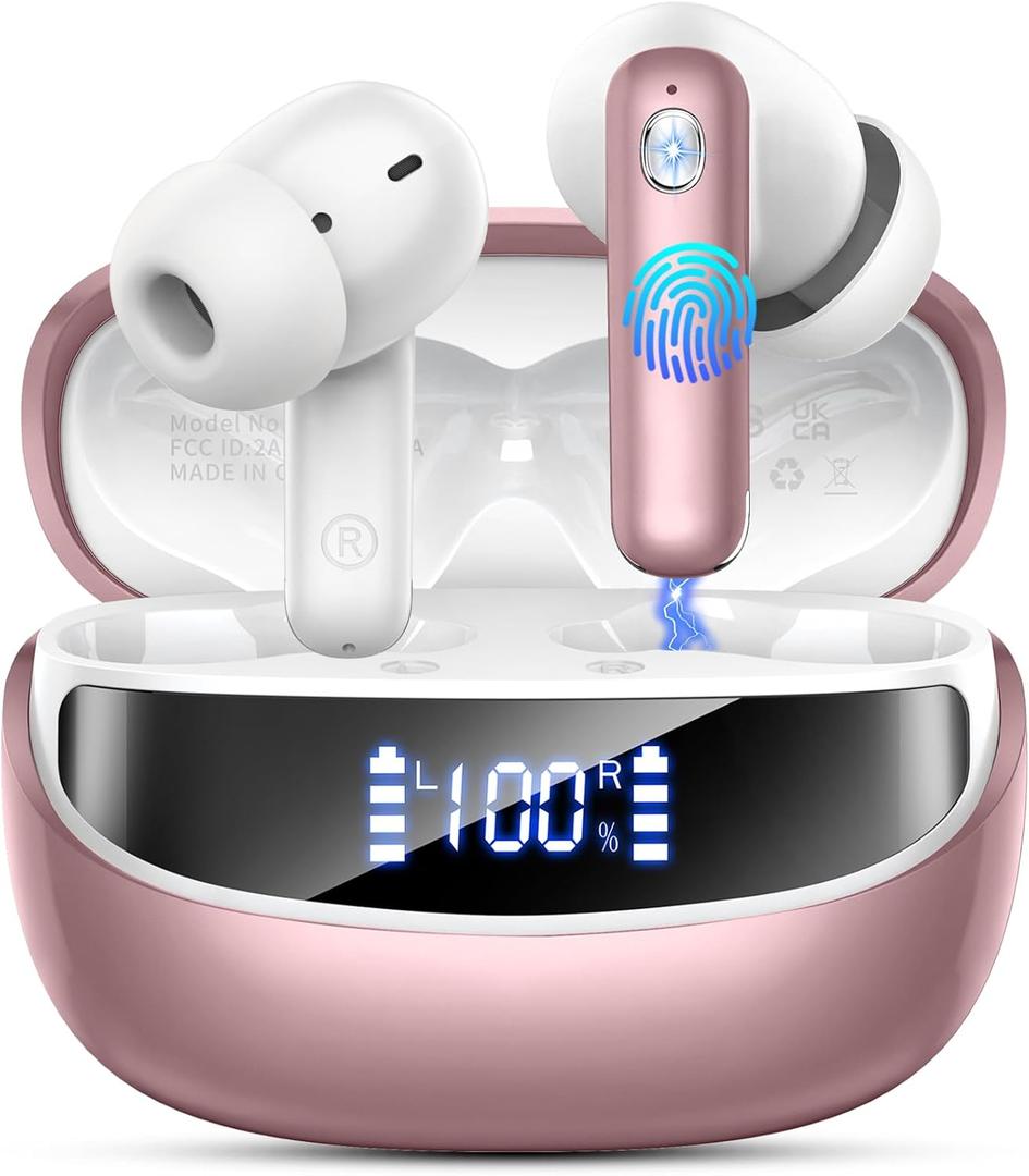 Wireless Earbuds, Bluetooth 5.4 Headphones with 4 ENC Noise Cancelling Mic, 45Hrs Playtime Bluetooth Earphones HiFi Stereo Deep Bass, in Ear Earbuds IP7 Waterproof, Wireless Headphones Rose Gold