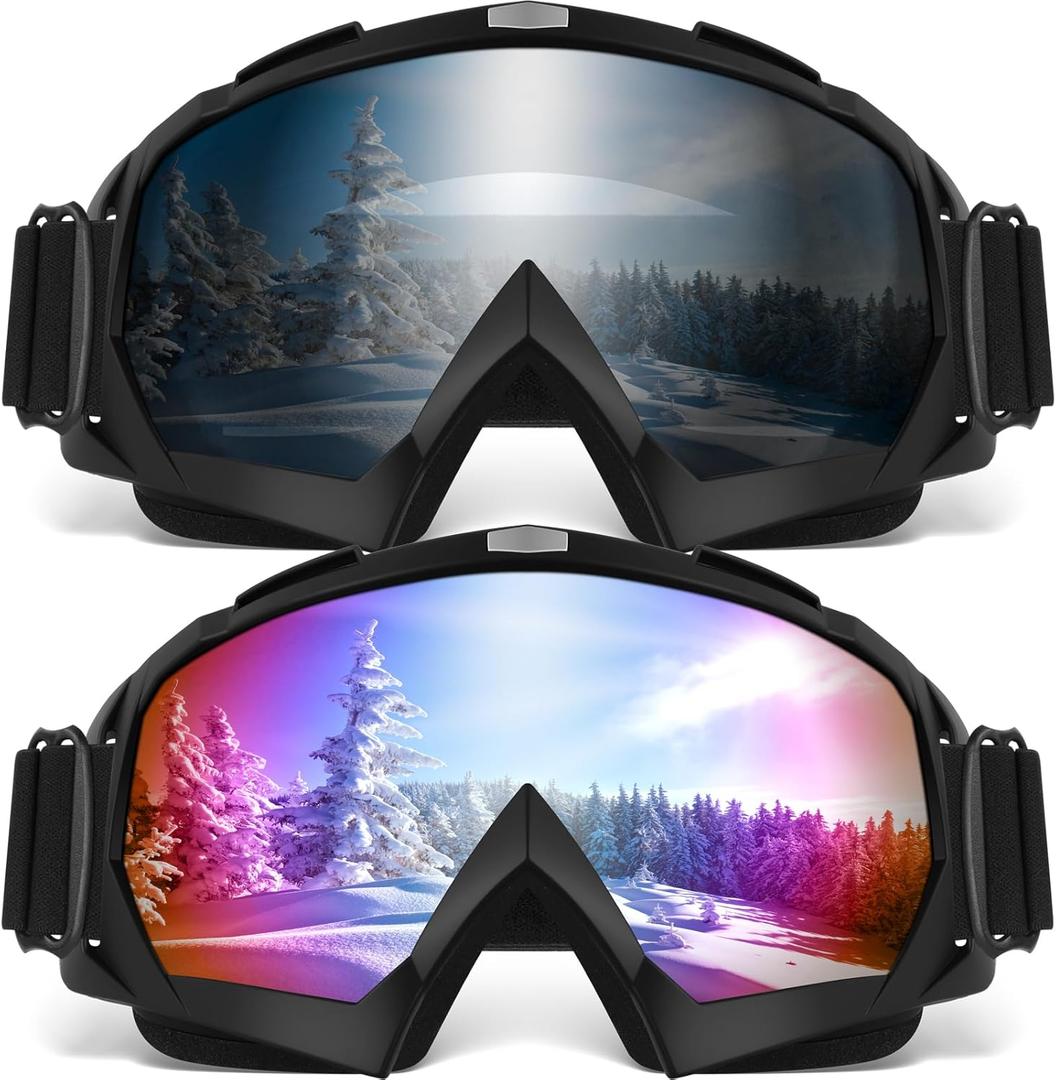 Ski Goggles, OTG Snowboard Goggles for Men, Women & Youth, Winter Sport Anti Fog Snow Goggles - UV400 Protection (2 PACK, 02. black Frame Multicolor Lenses/Black Frame Gray Lenses)