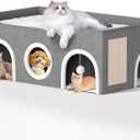 Top Bed Three Rooms Cat Condos,All-in-1 Extra-Wide Cat House for IndoorMulti Cats Puppy Family, Large Cat Cave for Pet House with Fluffy Ball Hanging and Scratch Pad, Foldable Hideaway