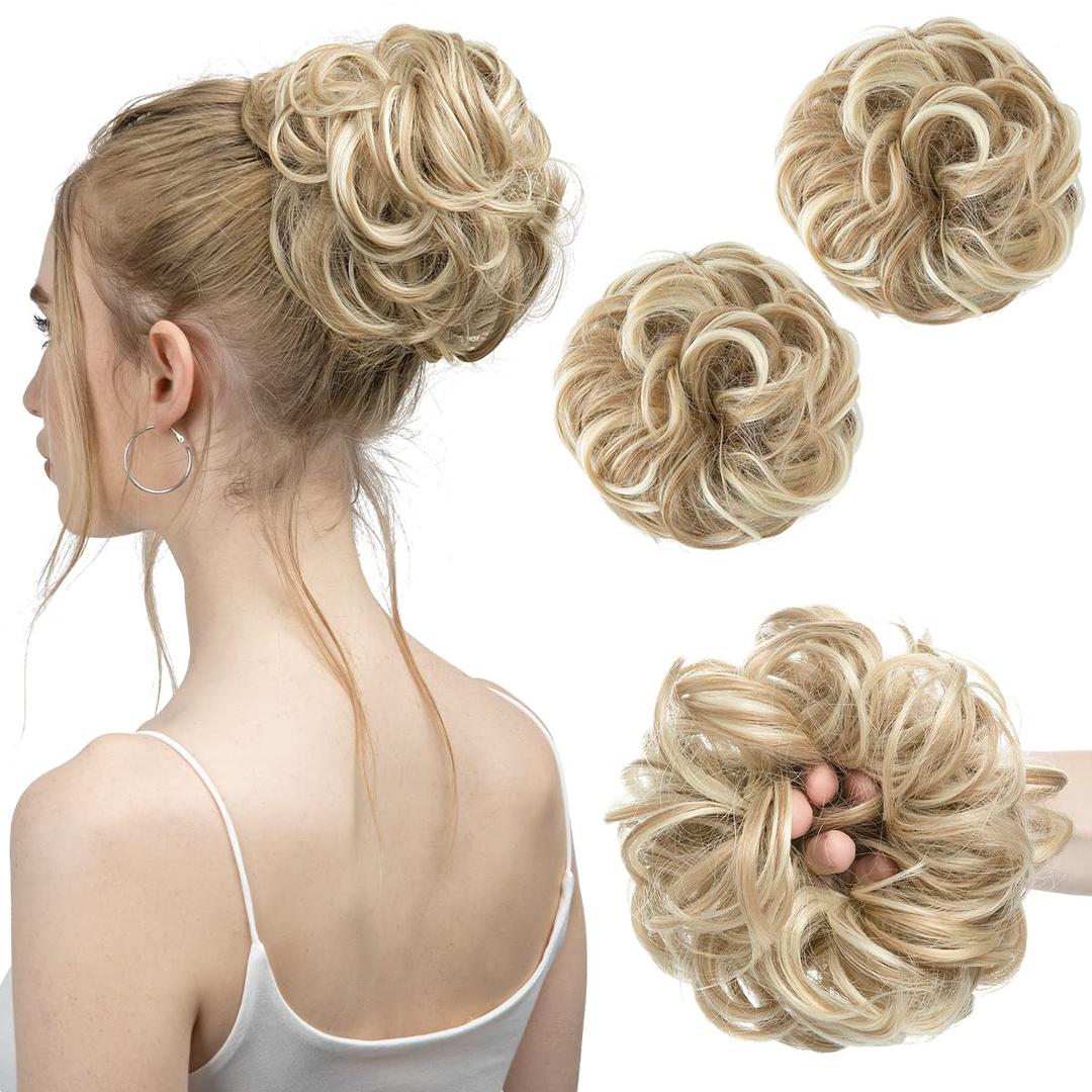 SARLA 2PCS Messy Hair Bun Hair Pieces Wavy Curly Synthetic Updo Fake Scrunchies Ponytail Extension for Women Dirty Blonde