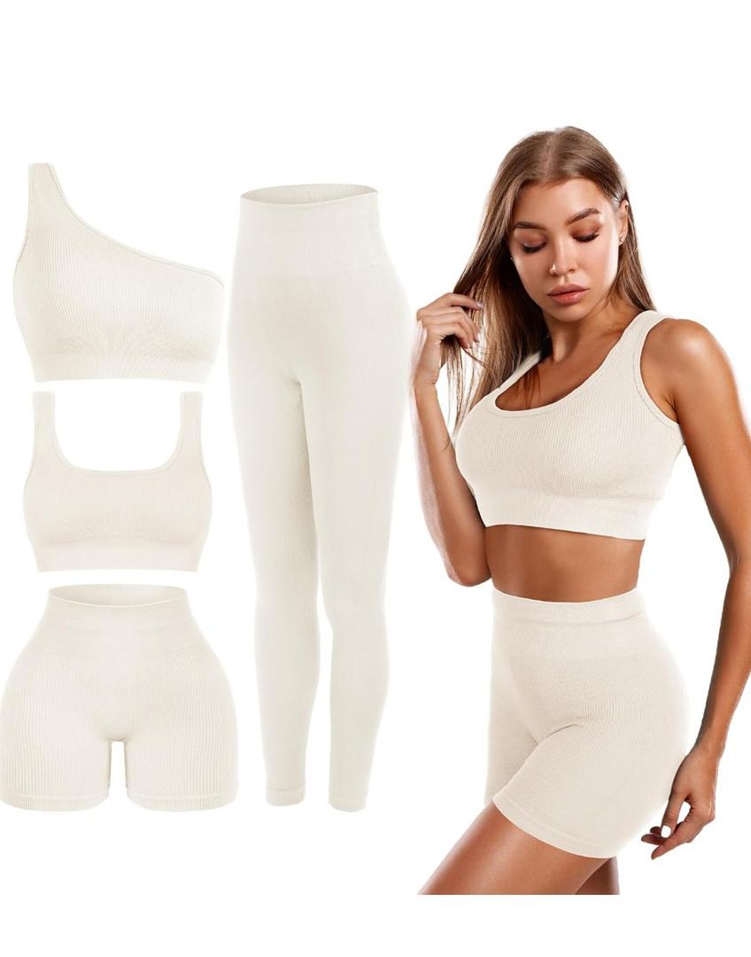 4 Pcs Women's Workout Sets Pilates Exercise Outfit Ribbed Scoop Neck Sports Bra Shorts Leggings Gym Clothes Set Large