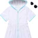 Girls Swim Cover Up Kids Beach Swimsuit Coverup Terry Zip-Up Bathing Suit Beach Pool Clothes with Sunglasses 8-9Y