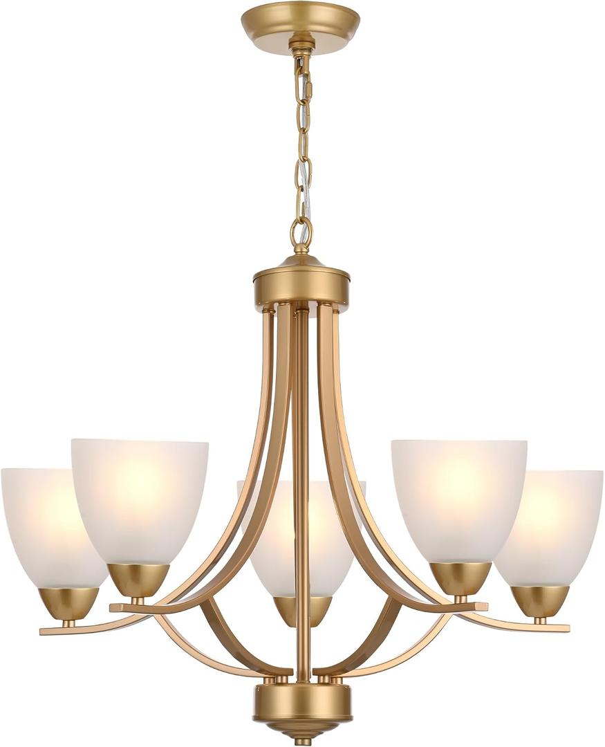 Modern Chandelier 5 Light Mid Century Alabaster Glass Classic Hanging Chandeliers in Gold Finish Pendant Light Fixtures for Dining Room