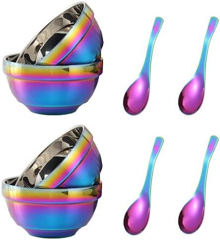 JYJFGSFA 14oz Rainbow Bowl Set with 4x Soup Bowls and 4x Soup Spoons, 304 Stainless Steel Double-Walled Cereal Bowls for Breakfast, Drop Resistance Children Bowls