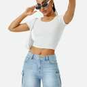 AUWUKA Womens Cargo Jean Shorts High Waisted Microelastic Straight Leg Long Denim Mom Shorts (Blue)