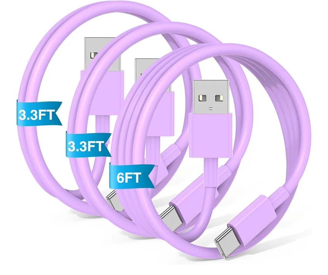 3-Pack Purple [3.3FT+3.3FT+6FT] USB A to USB C Cable，USB to USB C Car Carplay Cable for iPhone 16 15 Pro Plus Pro Max，for iPad Pro/Air/Mini，for Samsung S24/S23/S22/S21，for MacBook Pro/Air and More