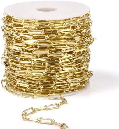 [33 FT] Gold Paperclip Chains Roll, 3.8mm Wide 14K Gold Plated Brass Paperclip Link Chains Spool Bulk for Jewelry Making