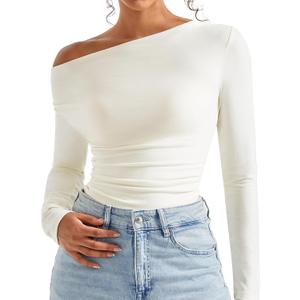 SUUKSESS Women Long Sleeve Off Shoulder Tops Trendy Cowl Neck Going Out Shirt for Fall (Medium, Cream White)