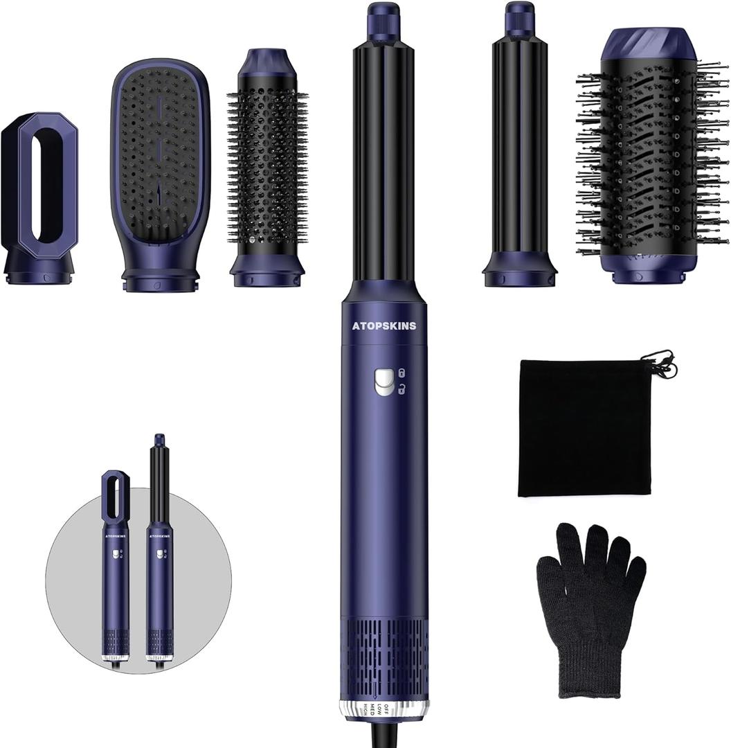 Atopskins Air Styler 6-in-1 Hair Styler with 1000W Hair Dryer, Curling Iron, Hot Air Brush, Blow-Dryer, Round Brush Hair Dryer, Straightening Brush for All Hair Types, Drying, Smoothing, Curling