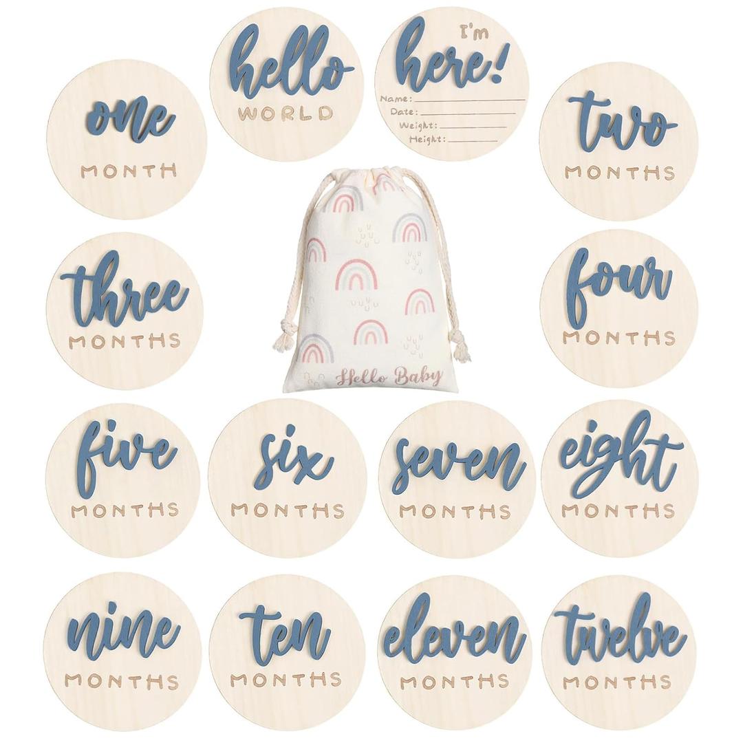 7 Pack 3D Baby Monthly Milestone Card Signs Baby Announcement Sign Double Sided Hello World Newborn Signs Wooden Circles Discs for Welcome Newborn Boy Girl Photo Props(Slate Blue,Letter)